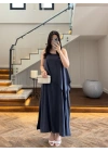 LACİVERT ASİMETRİK VOLAN DETAY ELBİSE-2403
