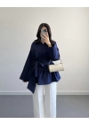 LACİVERT BELİ KUŞAKLI POPLİN GÖMLEK