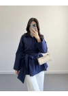 LACİVERT BELİ KUŞAKLI POPLİN GÖMLEK