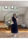 LACİVERT DÜĞMELİ TOKA DETAY ELBİSE -3925