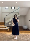 LACİVERT DÜĞMELİ TOKA DETAY ELBİSE -3925
