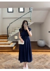 LACİVERT DÜĞMELİ TOKA DETAY ELBİSE -3925