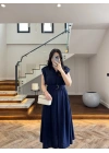 LACİVERT DÜĞMELİ TOKA DETAY ELBİSE -3925