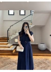 LACİVERT DÜĞMELİ TOKA DETAY ELBİSE -3925