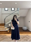LACİVERT DÜĞMELİ TOKA DETAY ELBİSE -3925