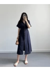 LACİVERT DÜĞMELİ V YAKA ELBİSE