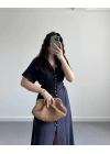 LACİVERT DÜĞMELİ V YAKA ELBİSE