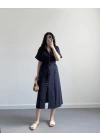 LACİVERT DÜĞMELİ V YAKA ELBİSE