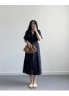 LACİVERT DÜĞMELİ V YAKA ELBİSE