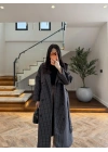 LACİVERT EKOSE KUŞAKLI UZUN TRENÇ -7801