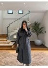 LACİVERT EKOSE KUŞAKLI UZUN TRENÇ -7801