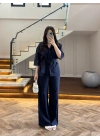 LACİVERT KETEN KUŞAKLI GÖMLEK TAKIM-267366
