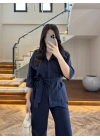 LACİVERT KETEN KUŞAKLI GÖMLEK TAKIM-267366