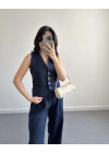 LACİVERT KETEN MASKÜLEN YELEK PANTOLON TAKIM