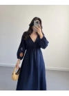 LACİVERT KOLLARI NAKIŞLI MÜSLİN ELBİSE