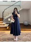 LACİVERT KRUVAZE YAKA KEMER DETAY ELBİSE -4094