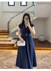 LACİVERT KRUVAZE YAKA KEMER DETAY ELBİSE -4094