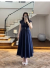 LACİVERT KRUVAZE YAKA KEMER DETAY ELBİSE -4094