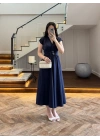LACİVERT KRUVAZE YAKA KEMER DETAY ELBİSE -4094