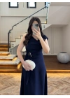 LACİVERT OMUZ DETAY TOKALI ELBİSE-3978