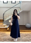 LACİVERT OMUZ DETAY TOKALI ELBİSE-3978