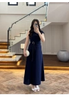 LACİVERT OMUZ DETAY TOKALI ELBİSE-3978