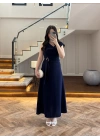 LACİVERT OMUZ DETAY TOKALI ELBİSE-3978