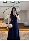 LACİVERT OMUZ DETAY TOKALI ELBİSE-3978