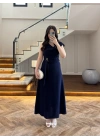 LACİVERT OMUZ DETAY TOKALI ELBİSE-3978
