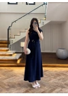 LACİVERT OMUZ DETAY TOKALI ELBİSE-3978