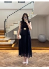 LACİVERT OMUZ VATKALI PİLİSELİ ELBİSE -4005