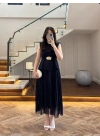 LACİVERT OMUZ VATKALI PİLİSELİ ELBİSE -4005