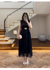 LACİVERT OMUZ VATKALI PİLİSELİ ELBİSE -4005