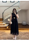 LACİVERT OMUZ VATKALI PİLİSELİ ELBİSE -4005