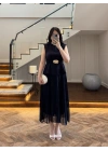 LACİVERT OMUZ VATKALI PİLİSELİ ELBİSE -4005
