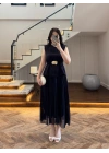 LACİVERT OMUZ VATKALI PİLİSELİ ELBİSE -4005