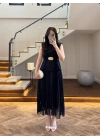 LACİVERT OMUZ VATKALI PİLİSELİ ELBİSE -4005