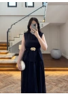 LACİVERT OMUZ VATKALI PİLİSELİ ELBİSE -4005