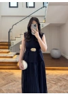 LACİVERT OMUZ VATKALI PİLİSELİ ELBİSE -4005