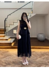 LACİVERT OMUZ VATKALI PİLİSELİ ELBİSE -4005