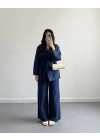LACİVERT ÖRGÜ KEMERLİ KİMONO TAKIM