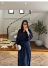 LACİVERT PİLE DETAY YARASA KOL ELBİSE-26K5404