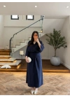 LACİVERT PİLE DETAY YARASA KOL ELBİSE-26K5404