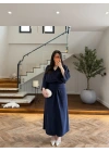LACİVERT PİLE DETAY YARASA KOL ELBİSE-26K5404