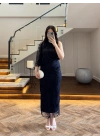 LACİVERT TEK OMUZ DESENLİ SİMLİ ELBİSE -4033