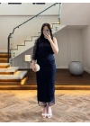 LACİVERT TEK OMUZ DESENLİ SİMLİ ELBİSE -4033