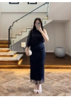 LACİVERT TEK OMUZ DESENLİ SİMLİ ELBİSE -4033