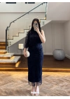 LACİVERT TEK OMUZ DESENLİ SİMLİ ELBİSE -4033