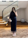 LACİVERT TEK OMUZ DESENLİ SİMLİ ELBİSE -4033