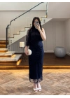 LACİVERT TEK OMUZ DESENLİ SİMLİ ELBİSE -4033